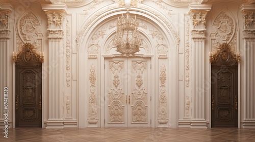 A grand entryway, its Passover door embellished with delicate carvings, hinting at the richness of tradition within
