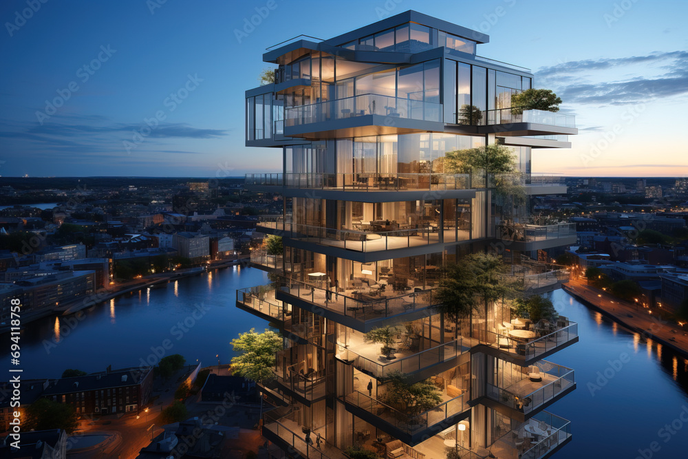 A luxury high-rise residential building with illuminated glass facades towers over a tranquil river at dusk, showcasing modern architecture. - obrazy, fototapety, plakaty 