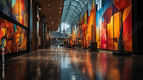 Spacious and modern art gallery interior with vibrant wall art under a glass ceiling, reflecting on glossy floor tiles.