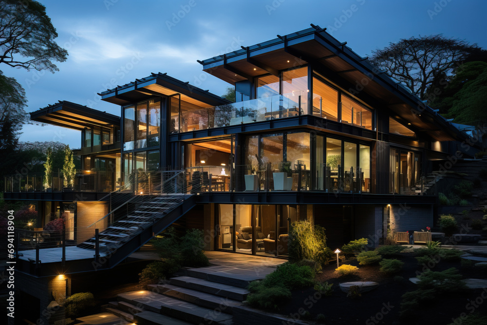 An elegant modern house lit up during twilight with glass walls and terraced landscaping, exuding sophistication and tranquility.