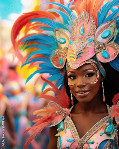 Joyful carnival dancer in a feathered costume. photo