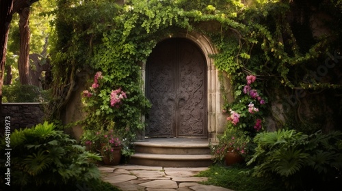 A Passover door framed by lush greenery, blending nature's beauty with the spirit of the holiday