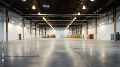 Expansive Minimalist Warehouse, Reflective Floor - AI Generated