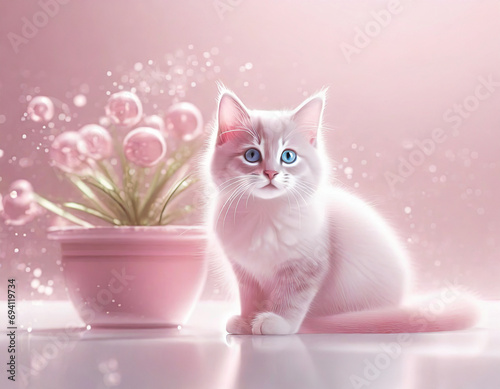 Cute kitten with a flower pot in pink colors
