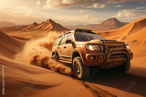 Dusty SUV speeding through desert dunes at sunset, conveying a sense of adventure and exploration in the wilderness.