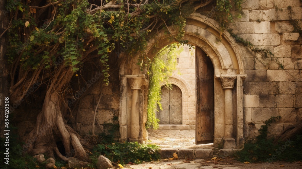 A weathered stone archway draped in vines, framing a Passover door adorned with ancient symbols of freedom and renewal
