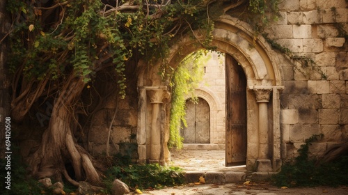 A weathered stone archway draped in vines  framing a Passover door adorned with ancient symbols of freedom and renewal