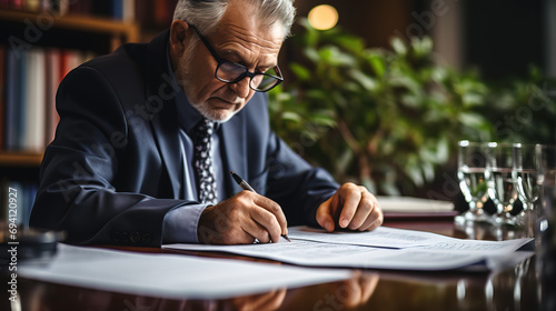 Senior businessman in glasses focusing on signing documents at his office desk, reflecting concentration and professionalism.