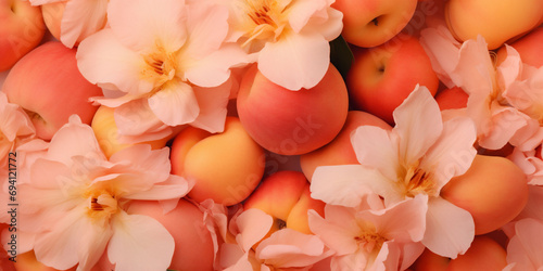 A banner with an bright orange and yellow peaches stacked on one and other with pink flowers and a peach fuzz color. Fruit © Silga