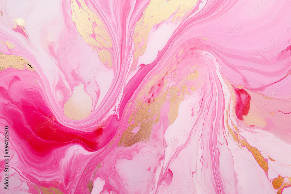 Liquid fluid paint, pink and gold with ink. Marble abstract marbled stone. Generative ai	
