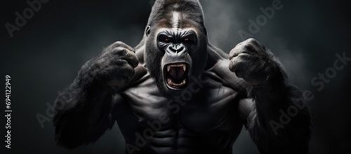 Dominant silverback gorilla displaying strength.