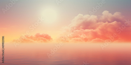 A banner with a beautiful peach fuzz color shy with giant clouds and water. Fogy sea and sun beauty. Copy space photo