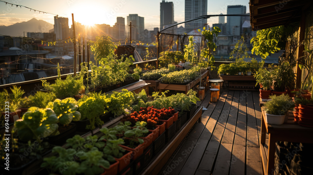 Obraz premium Golden sunset illuminates an urban rooftop garden with a variety of potted plants against a city skyline.