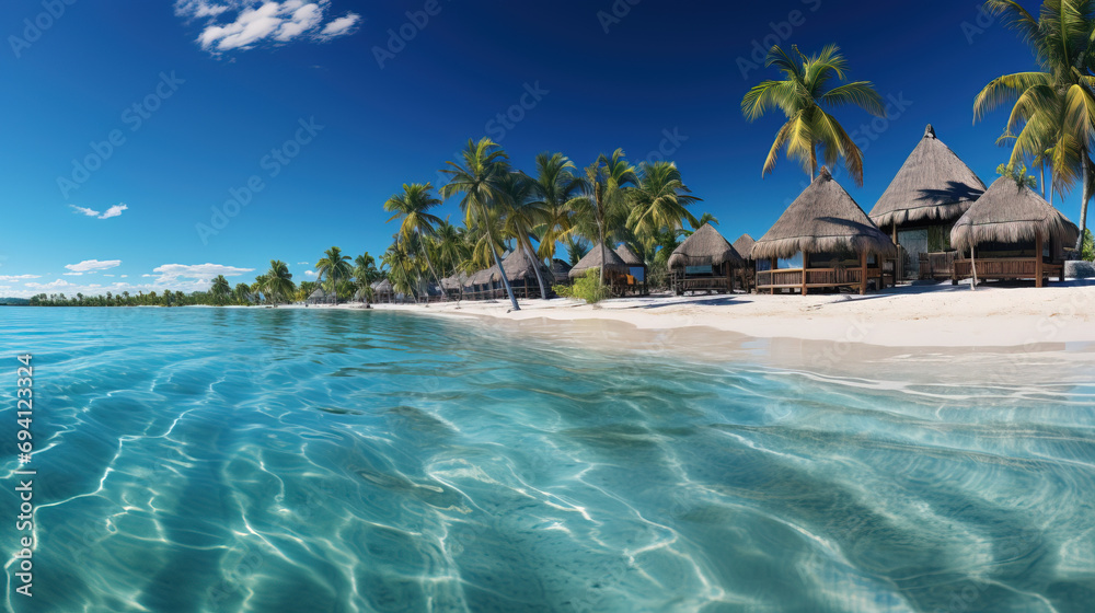 Fototapeta premium Panoramic view of a serene tropical beach with thatched huts, clear turquoise water, and lush palm trees under a blue sky.