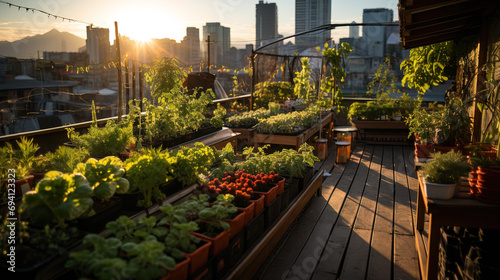 Golden sunset illuminates an urban rooftop garden with a variety of potted plants against a city skyline.