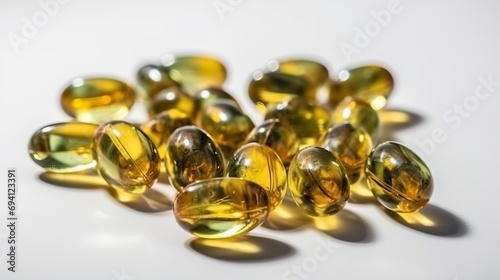 A bottle with fish oil capsules or Cannabis capsules.  Biologically active additive. Omega-3. Omega-6. Omega-9. 3-6-9. Cannabis oil concept. Health concept. Fish oil concept.   Capsules concept.
