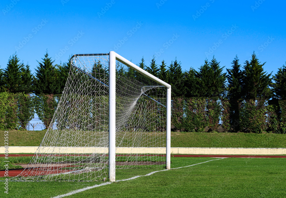Fototapeta premium A professional football or soccer goal with space for text.