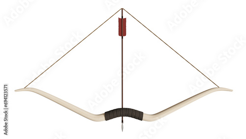 Light wood bow with arrow isolated on transparent and white background. Archer concept. 3D render