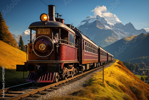 Vintage locomotive traveling through a picturesque rural landscape in the Swiss Alps during golden hour.