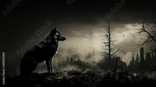 A lone wolf stands silhouetted against a bleak, post-apocalyptic cityscape at dusk, evoking a sense of mystery and survival.