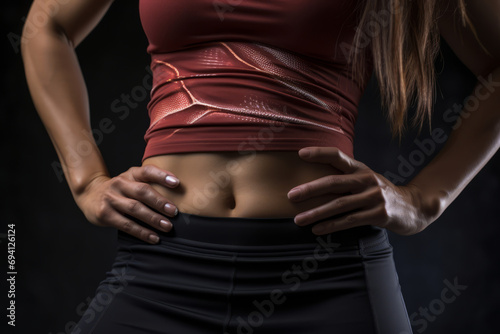 Torso of a young fit woman on dark background. Slim strong muscular sportswoman. Generative AI