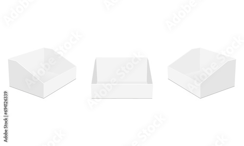 Blank Cardboard Display Boxes, Front And Side View, Isolated On White Background. Vector Illustration