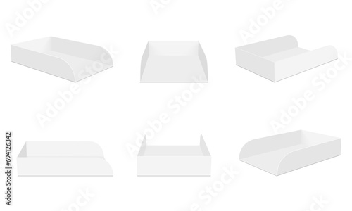 Set Of Empty Flat Tray Boxes Mockups In Various Views, Isolated On White Background. Vector Illustration