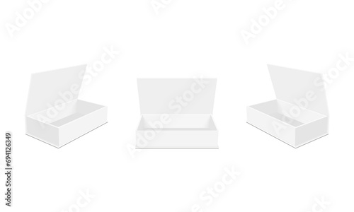Rectangular Packaging Boxes With Lid, Front, Side View, Opened Mockup. Vector Illustration
