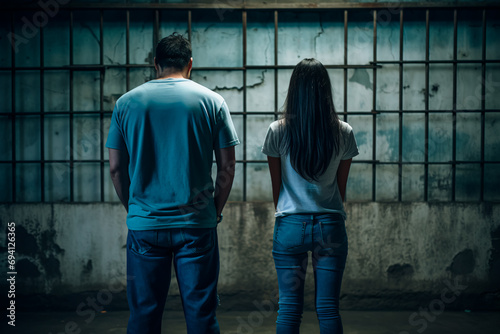 Incarcerated woman and prison man entering a prison cell, seen from behind against the prison backdrop. The somber image reflects regret and sorrow for their actions photo