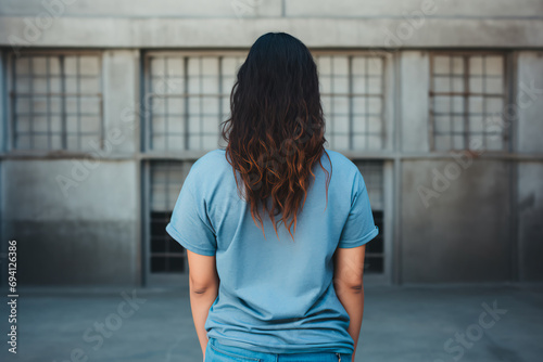 Incarcerated woman and prison man entering a prison cell, seen from behind against the prison backdrop. The somber image reflects regret and sorrow for their actions photo