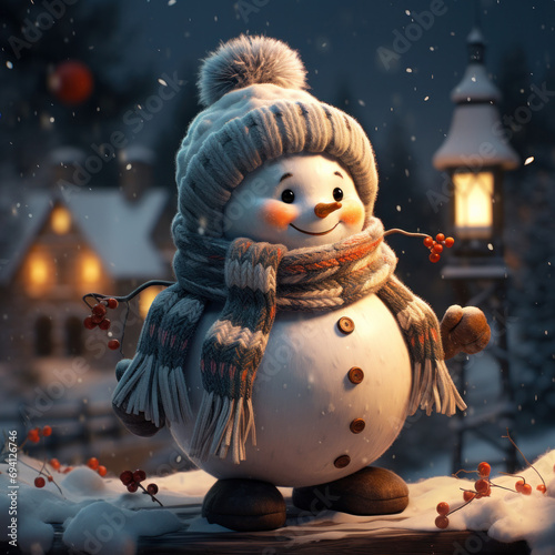 A New Year's snowman in a cozy scarf and hat, generative AI