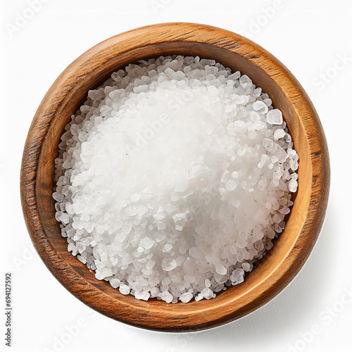 Course and fine natural sea salt in wooden bowl isolated on white background, top view, flat lay.