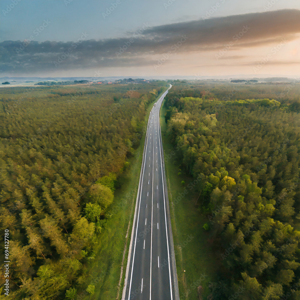 Green forest and straight asphalt road drone photo
