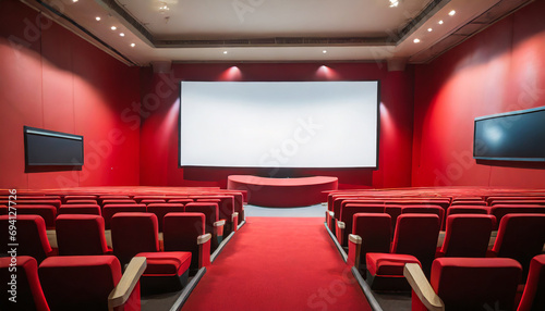Empty cinema in red color with white blank screen