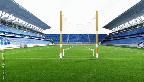 Empty training football field with goalposts and green grass, soccer training pitch