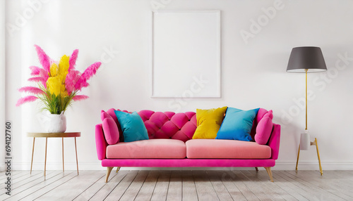 Empty whitePink sofa with colorful pillows near a blank white wall. Modern interior for mockup, wall art. Promotion background with copyspace. wall mockup in modern room interior with two wooden armch photo