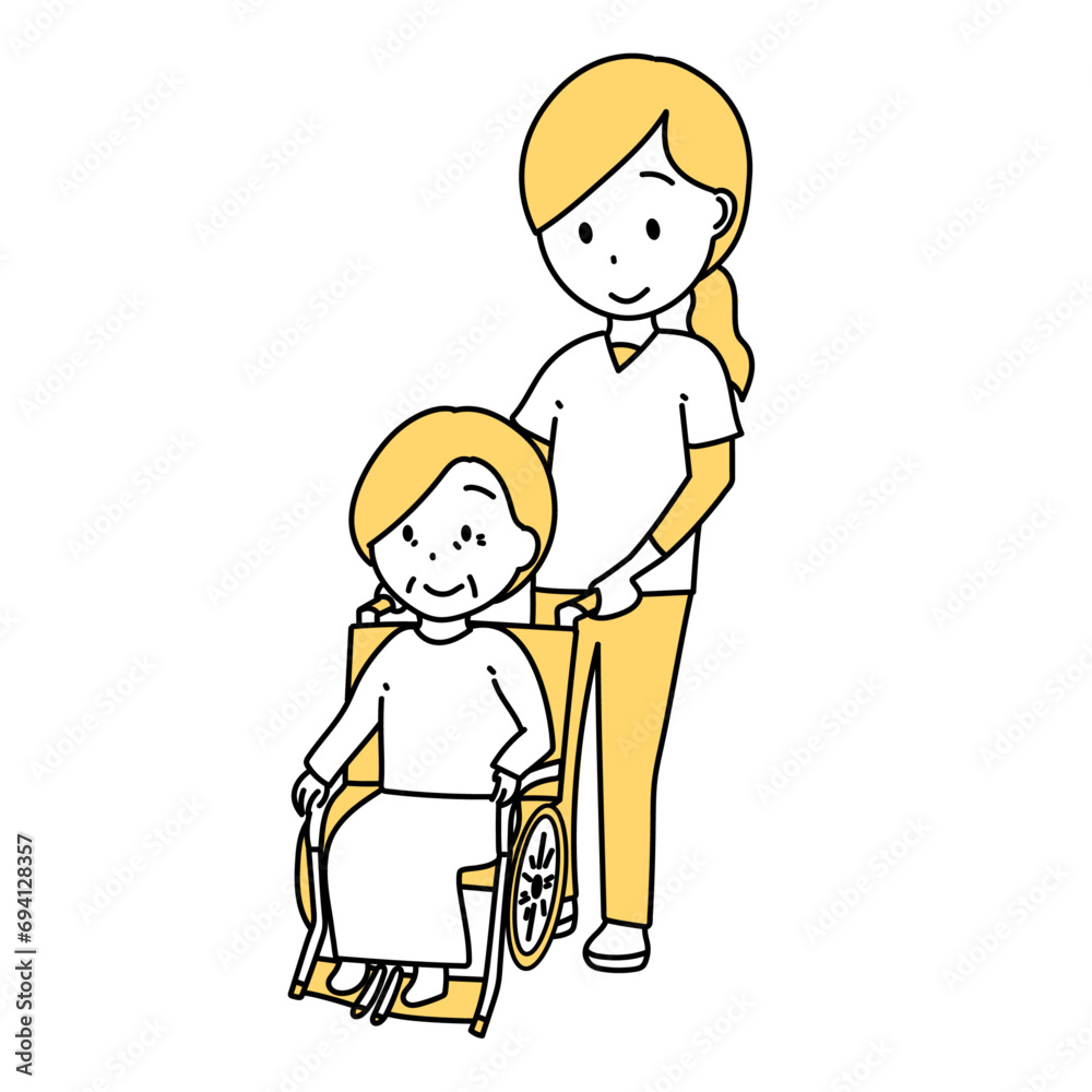 車いすを押す女性職員のイラスト