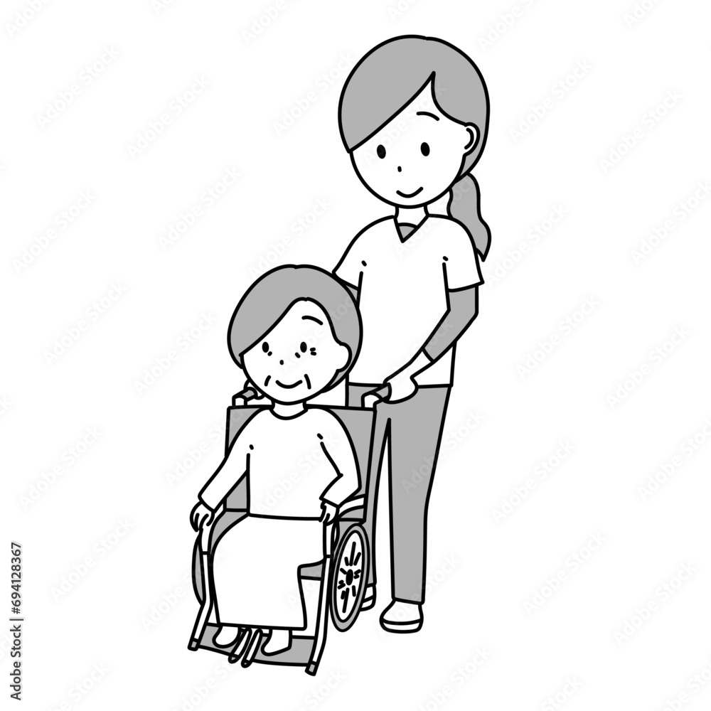 車いすを押す女性職員のイラスト 車いすを押す女性職員のイラスト
