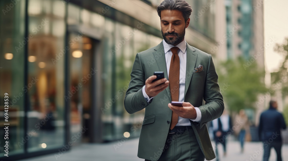 A businessman watching his smart mobile phone device outdoors A businessman watching his smart mobile phone device outdoors