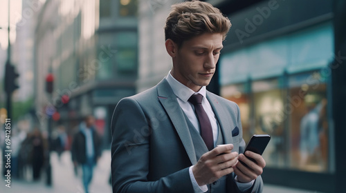 A businessman watching his smart mobile phone device outdoors