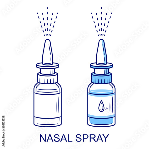 Nasal spray medicine bottle for runny nose, allergy rhinitis, pharmacy aerosol, medical drops line icon. Medication dispenser. Liquid drug for inhale, flu, cold, respiratory disease treatment. Vector