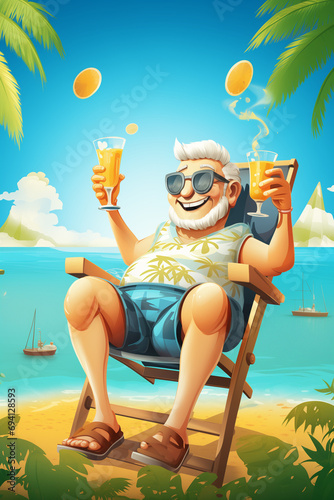 Funny man drinking cocktails cartoon style illustration