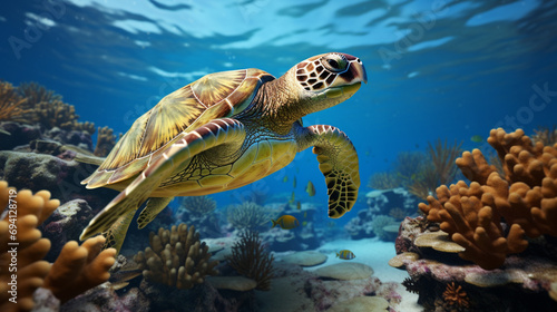 A turtle diving back to the reef Sea turtle Green turtle diving back into clear waters generative ai