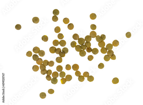 Green Lentil Seeds Another Name Lens Culinaris or Lens Esculenta. Scattered Dried Green Lentils. Top View. Natural Plant Source of Protein. Vegan Natural Food. No background. Meat Alternative.