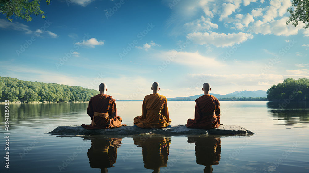 Buddhist monks meditating on the edge of a lake, peaceful and calm, spiritual and wellness - obrazy, fototapety, plakaty 