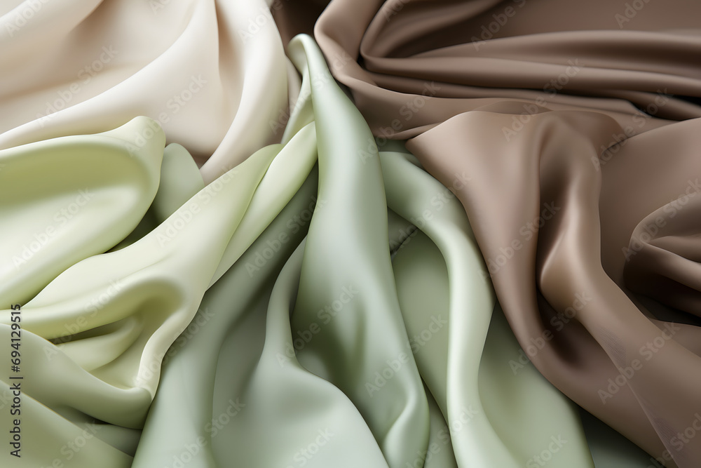 Fototapeta premium folds of fabric in pastel green, brown, beige tones, top view. wavy, texture of the material.