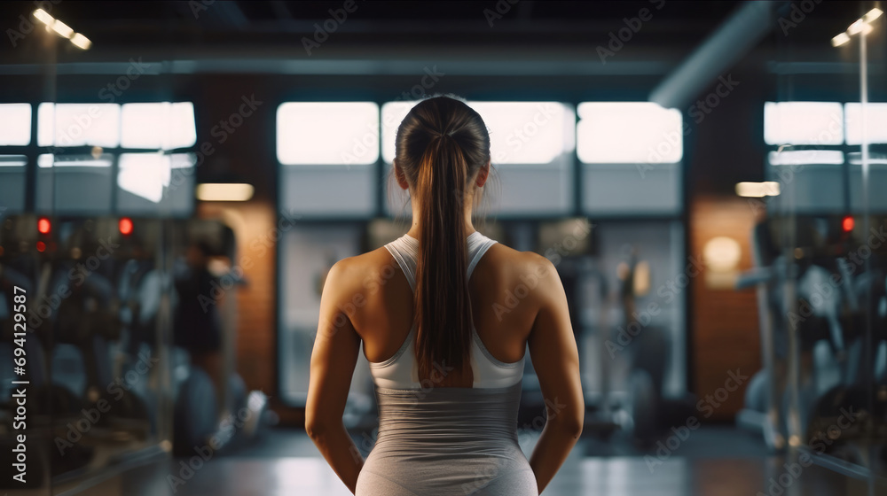Back view of Young sporty woman stretching in the gym