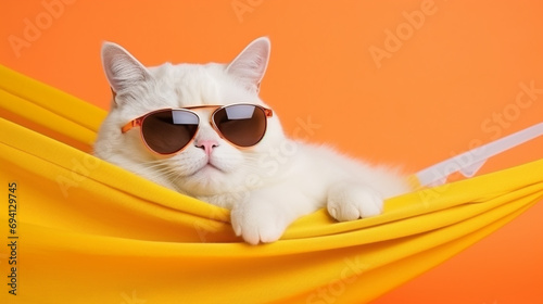 adorable white cat in sunglasses and an orange shirt, lies on a yellow fabric hammock. generative ai