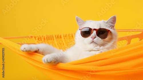 adorable white cat in sunglasses and an orange shirt, lies on a yellow fabric hammock. generative ai