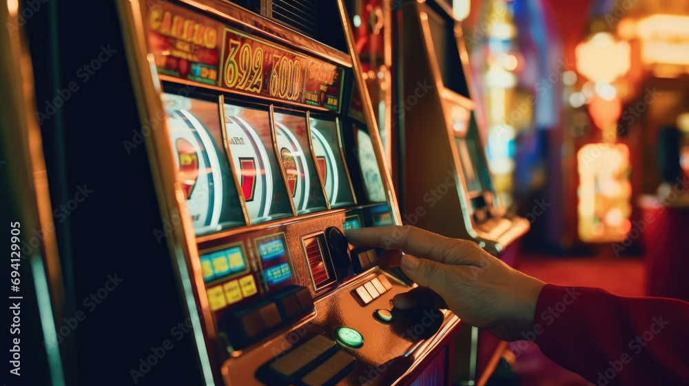 A person playing a slot machine in a casino